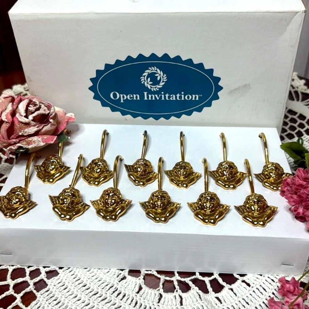 Vintage Shower Curtain Rings Victorian Cherub Angel Gold Brass Hook Set of 12